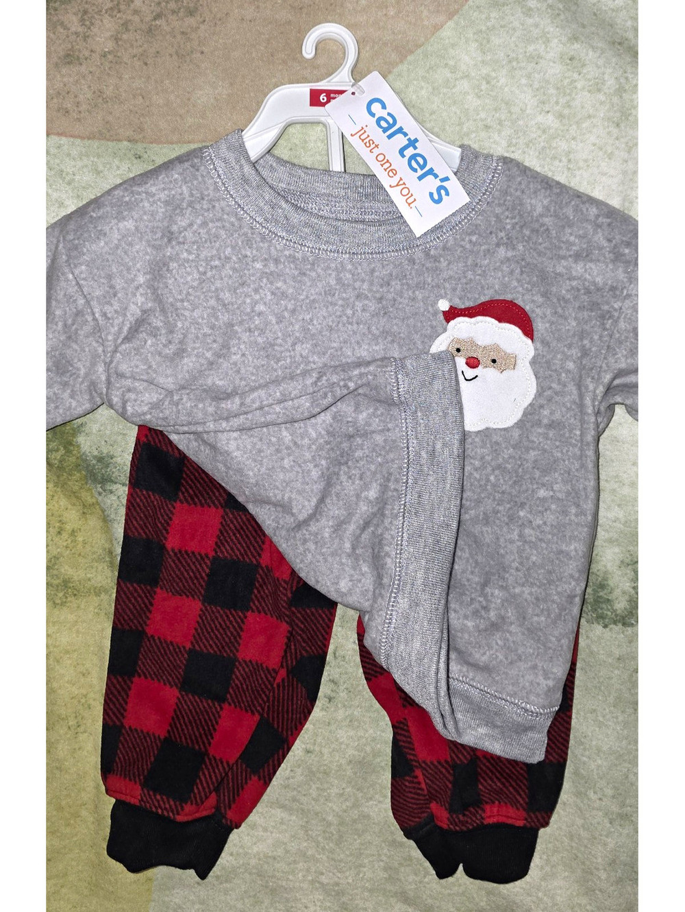 Carter's 6-9M 2pc Fleece Outfit Set Gray Santa Sweatshirt & Plaid Pants
